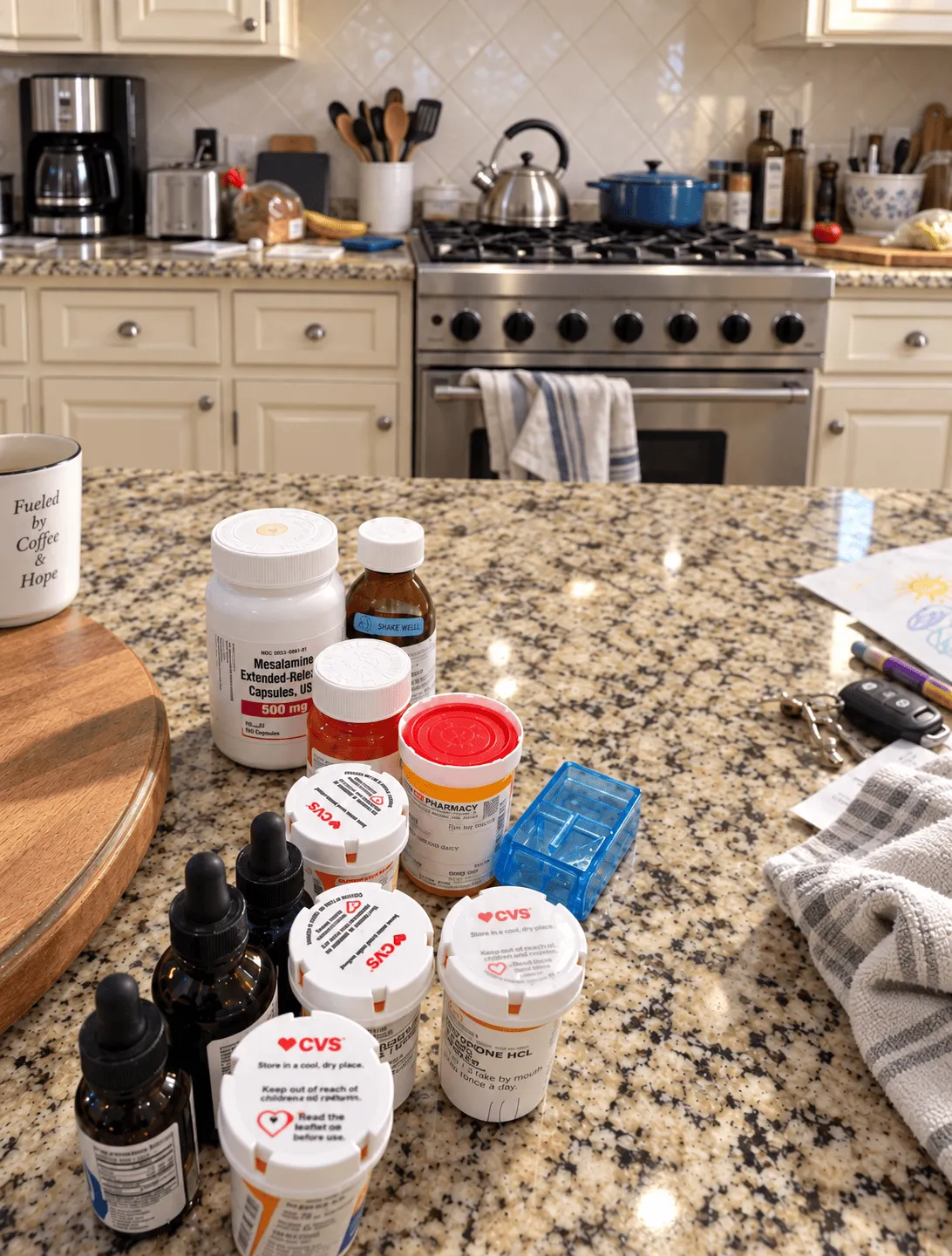 A kitchen counter lined with prescription pill bottles, medicine droppers, and a daily pill organizer, the medications a chronically ill teenager needs to get through an ordinary day.