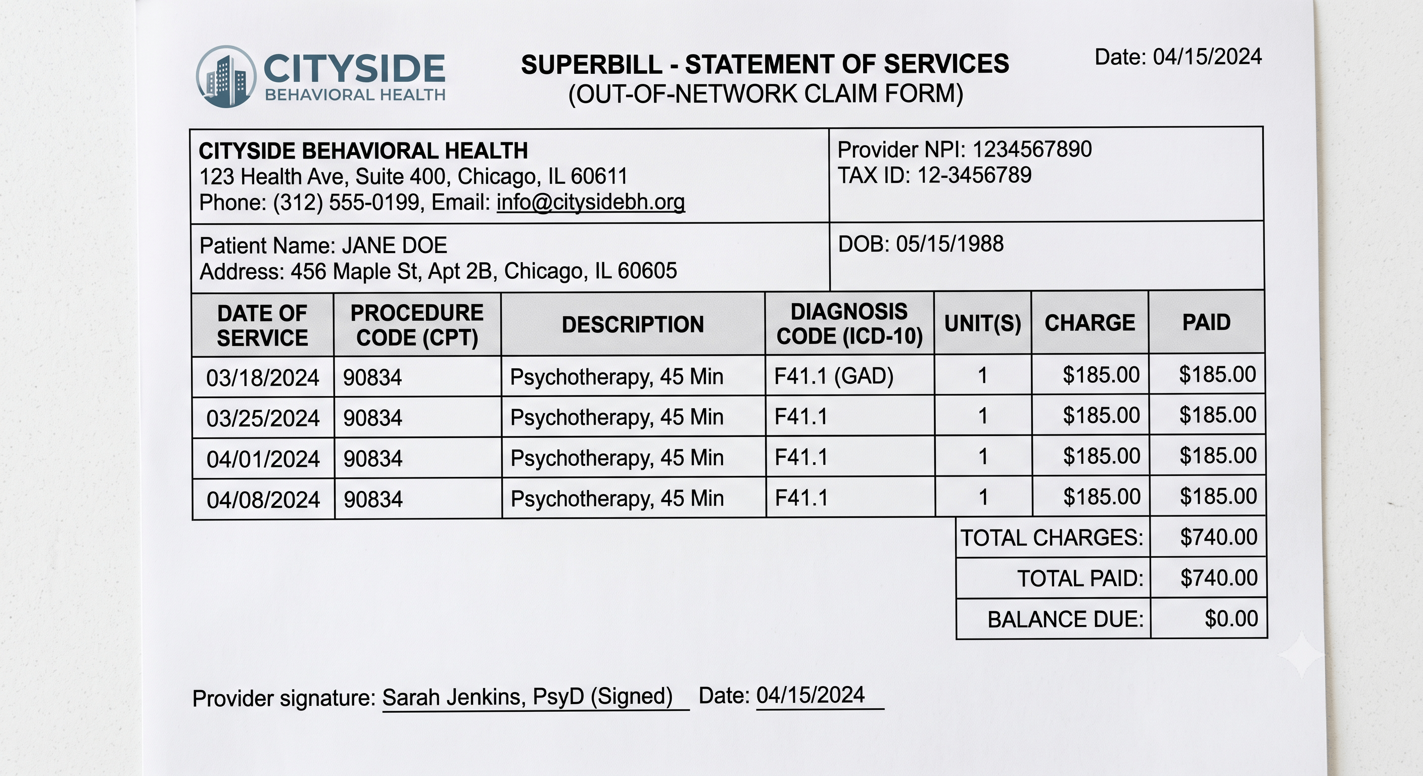 Example superbill showing patient and provider information, diagnosis codes, procedure codes, and itemized charges